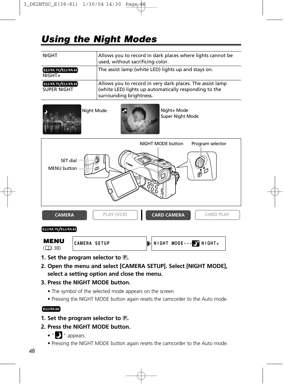 Using the night modes | Canon Elura 65 User Manual | Page 48 / 162