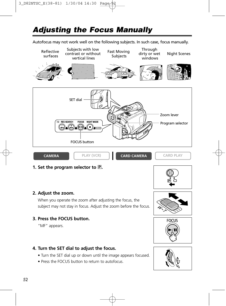 Adjusting the focus manually | Canon Elura 65 User Manual | Page 52 / 162