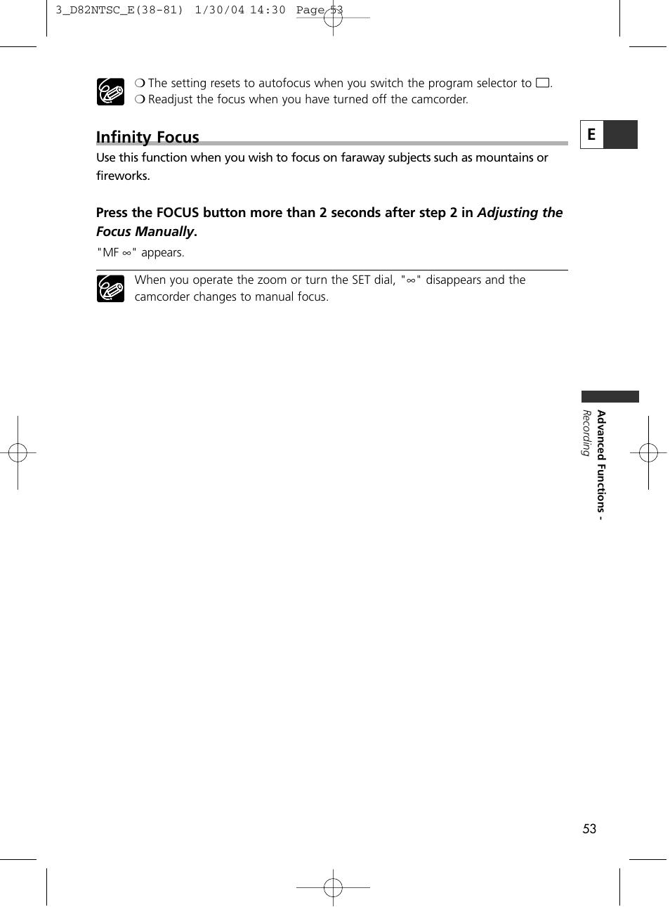 Infinity focus | Canon Elura 65 User Manual | Page 53 / 162