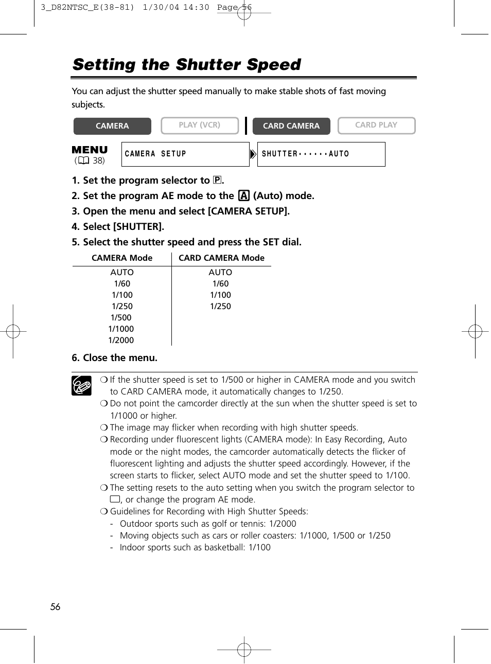 Setting the shutter speed | Canon Elura 65 User Manual | Page 56 / 162
