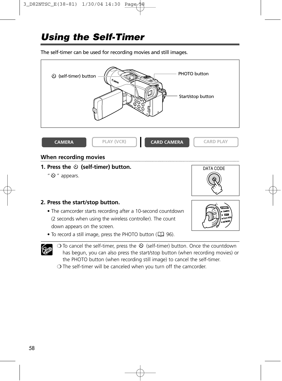 Using the self-timer, Press the start/stop button | Canon Elura 65 User Manual | Page 58 / 162