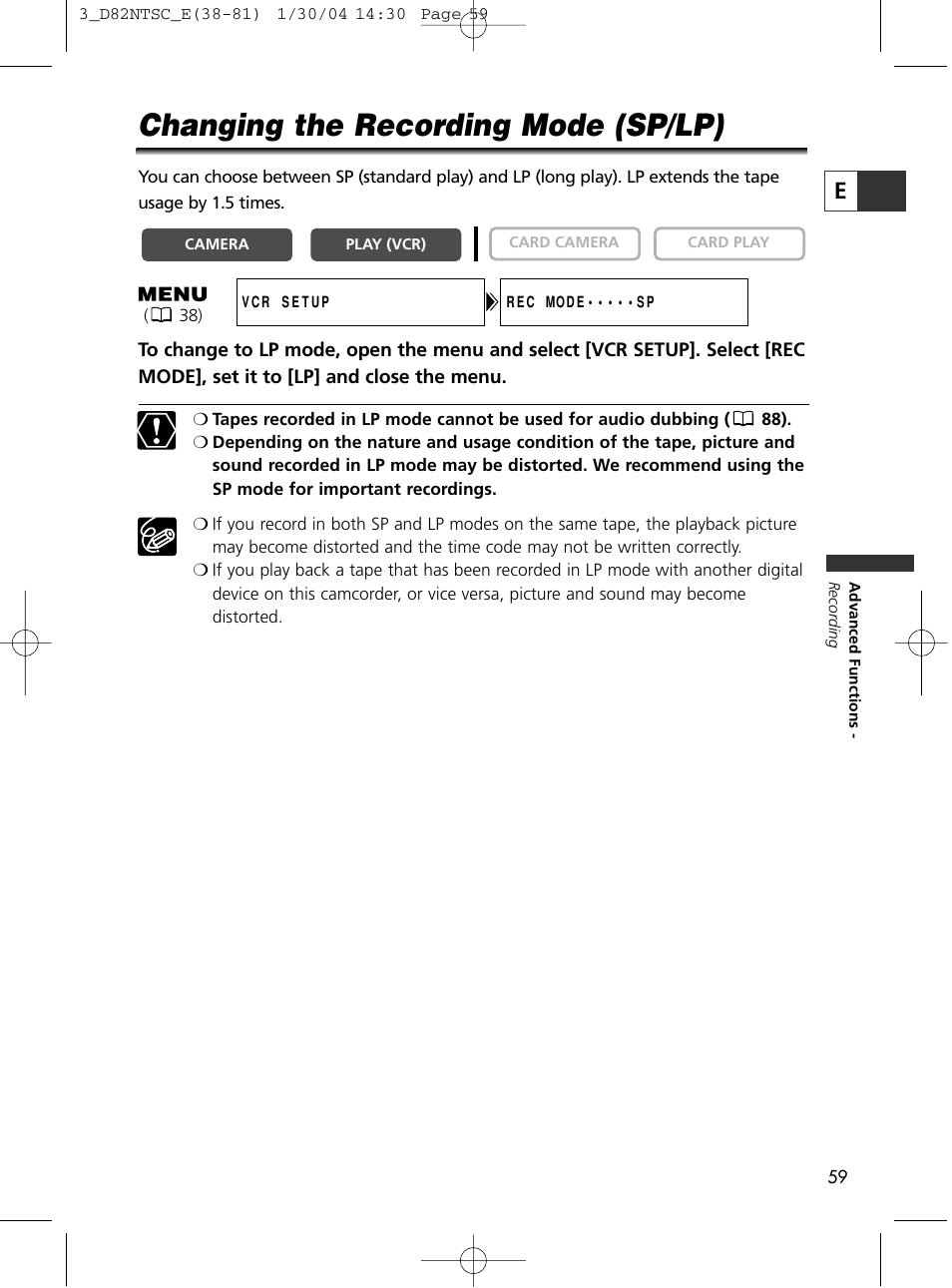 Changing the recording mode (sp/lp) | Canon Elura 65 User Manual | Page 59 / 162