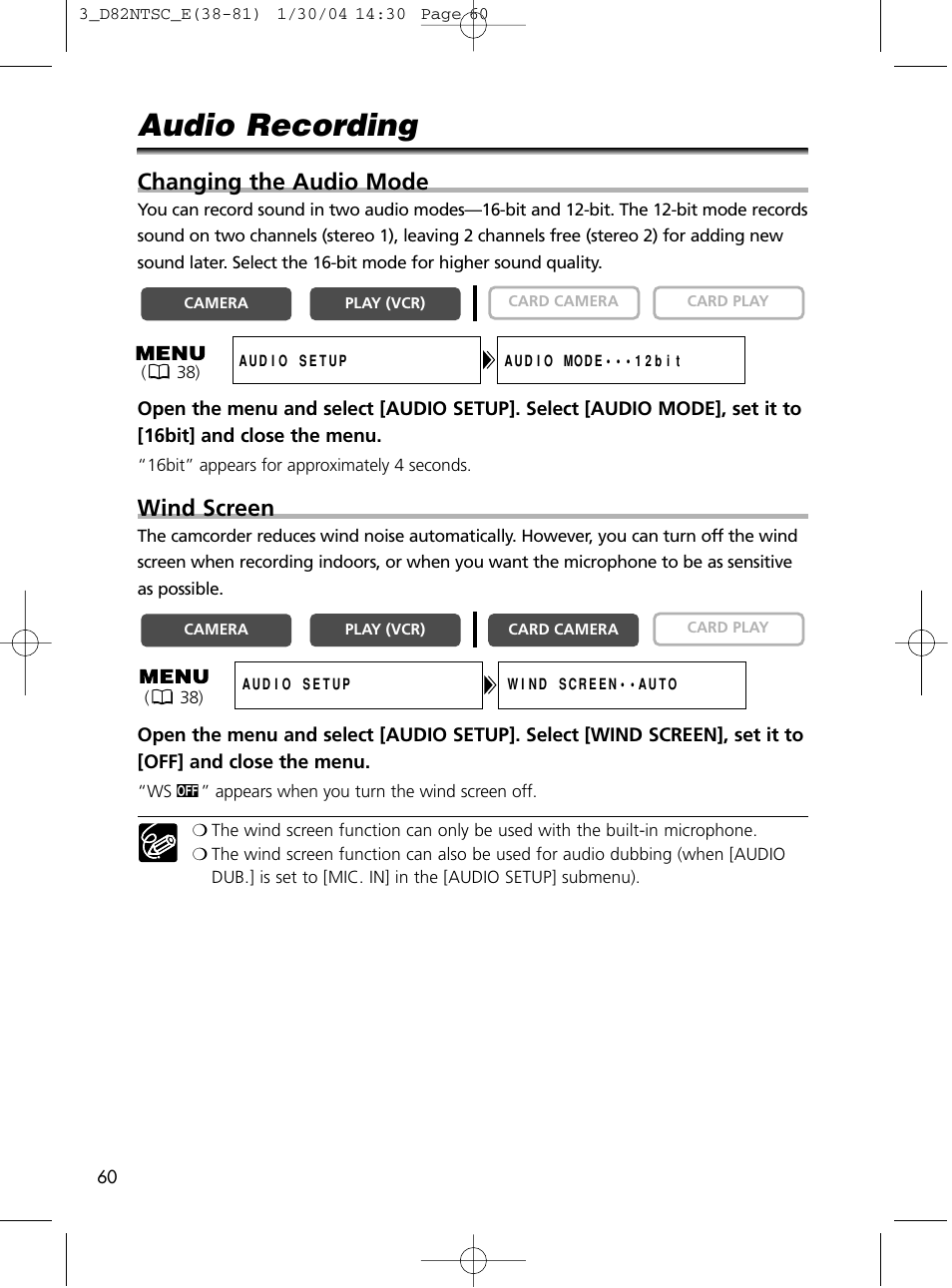 Audio recording, Changing the audio mode, Wind screen | Canon Elura 65 User Manual | Page 60 / 162