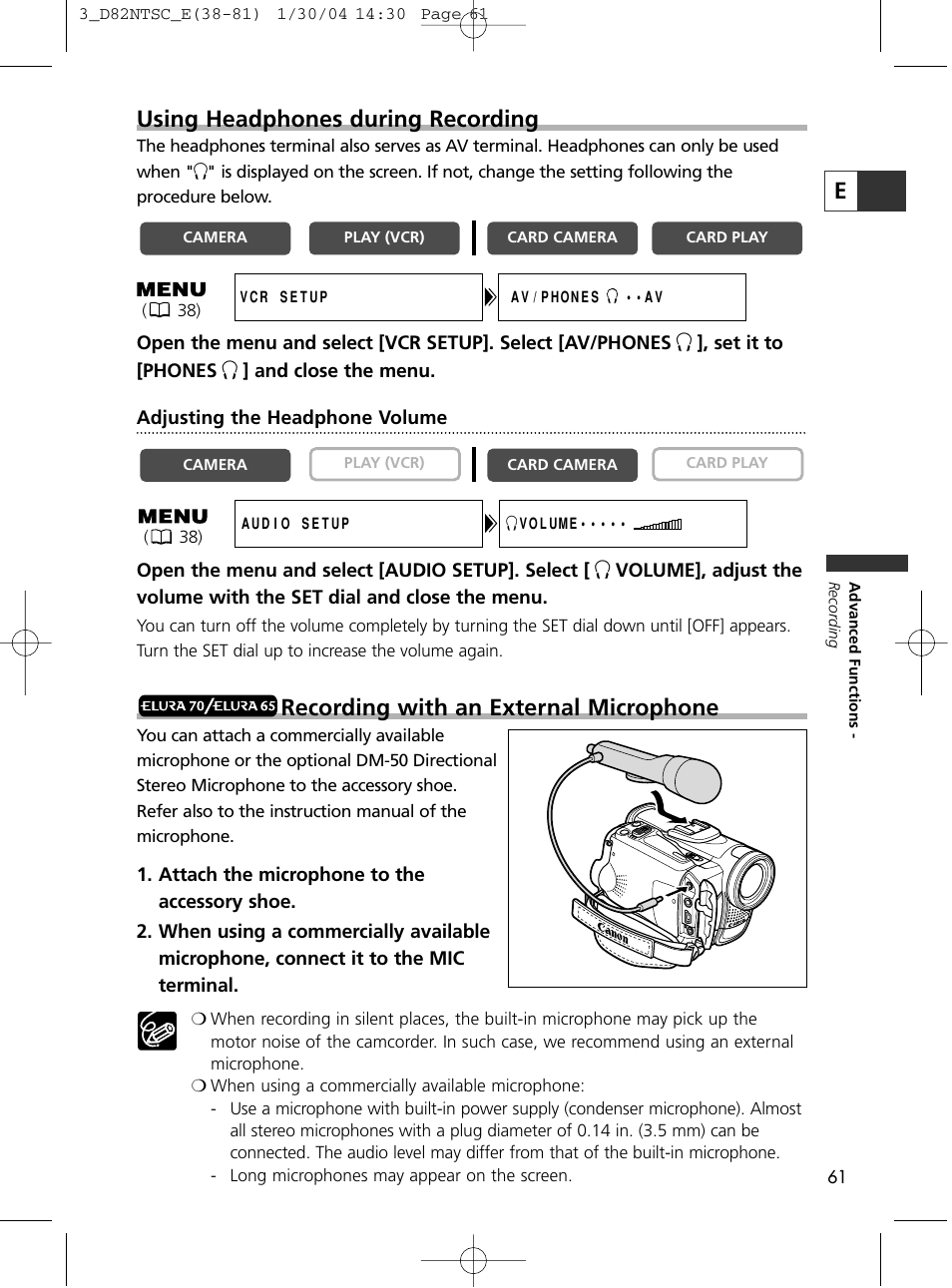 Eusing headphones during recording, Recording with an external microphone | Canon Elura 65 User Manual | Page 61 / 162