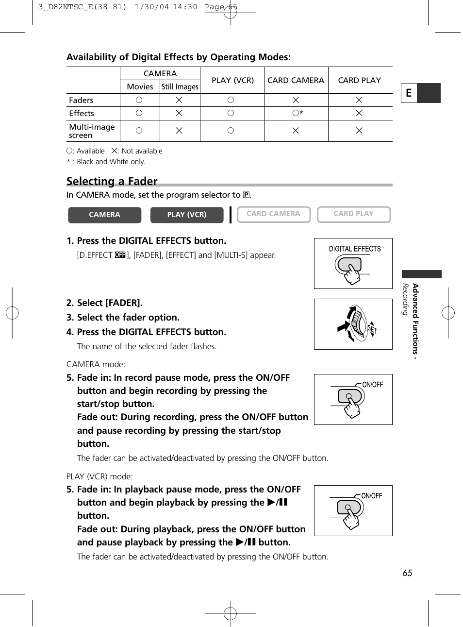 Eselecting a fader | Canon Elura 65 User Manual | Page 65 / 162