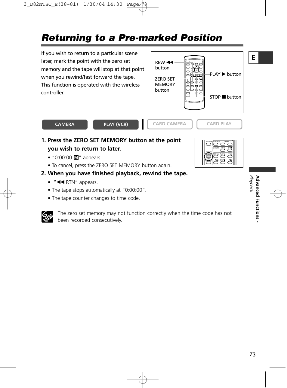 Returning to a pre-marked position, When you have finished playback, rewind the tape | Canon Elura 65 User Manual | Page 73 / 162