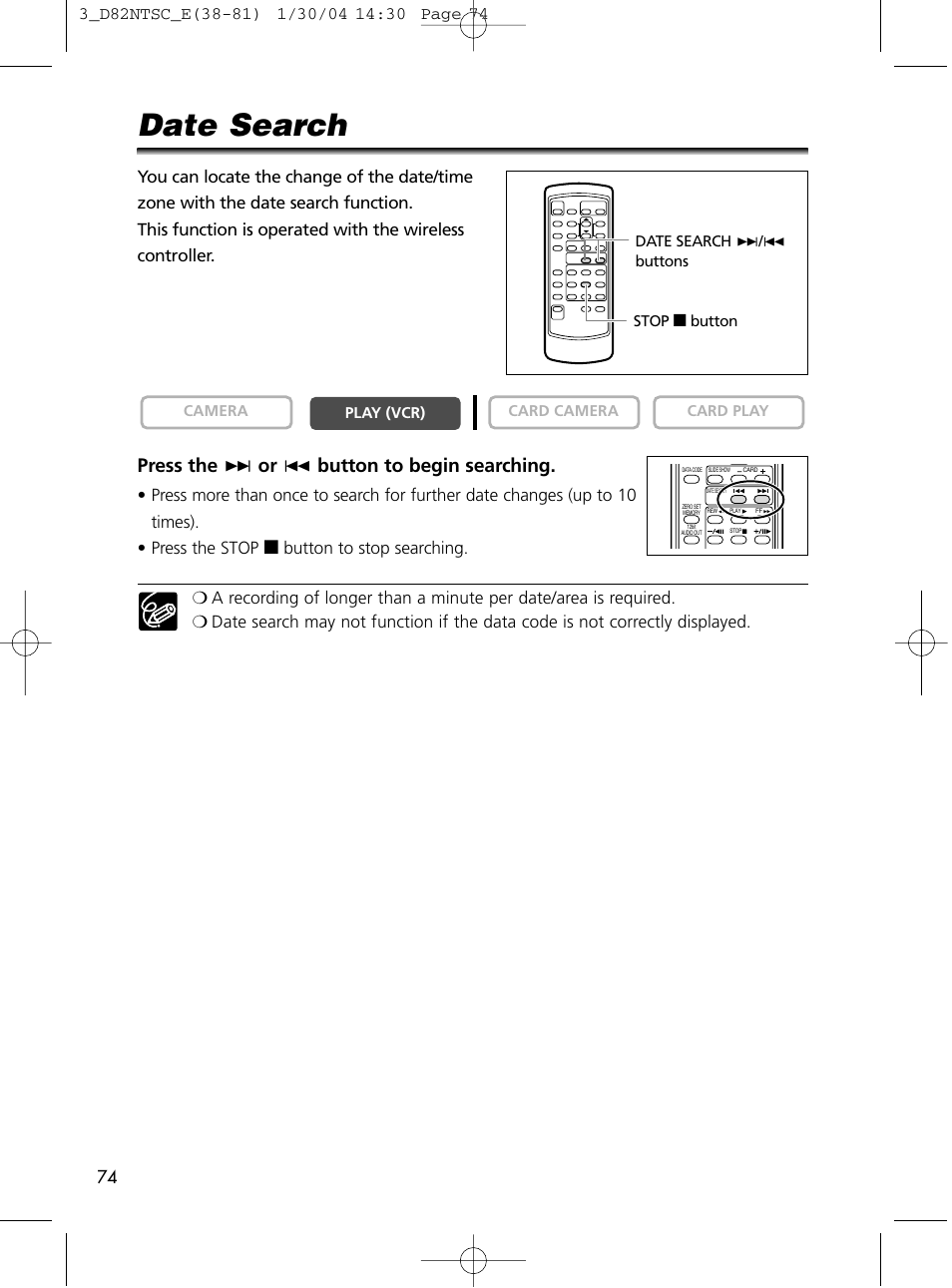 Date search, Press the + or - button to begin searching | Canon Elura 65 User Manual | Page 74 / 162