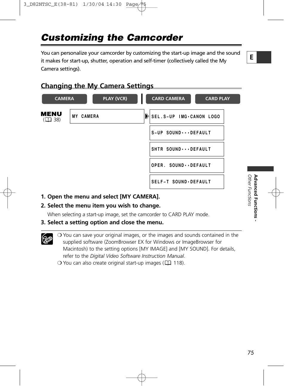 Customizing the camcorder, Changing the my camera settings | Canon Elura 65 User Manual | Page 75 / 162