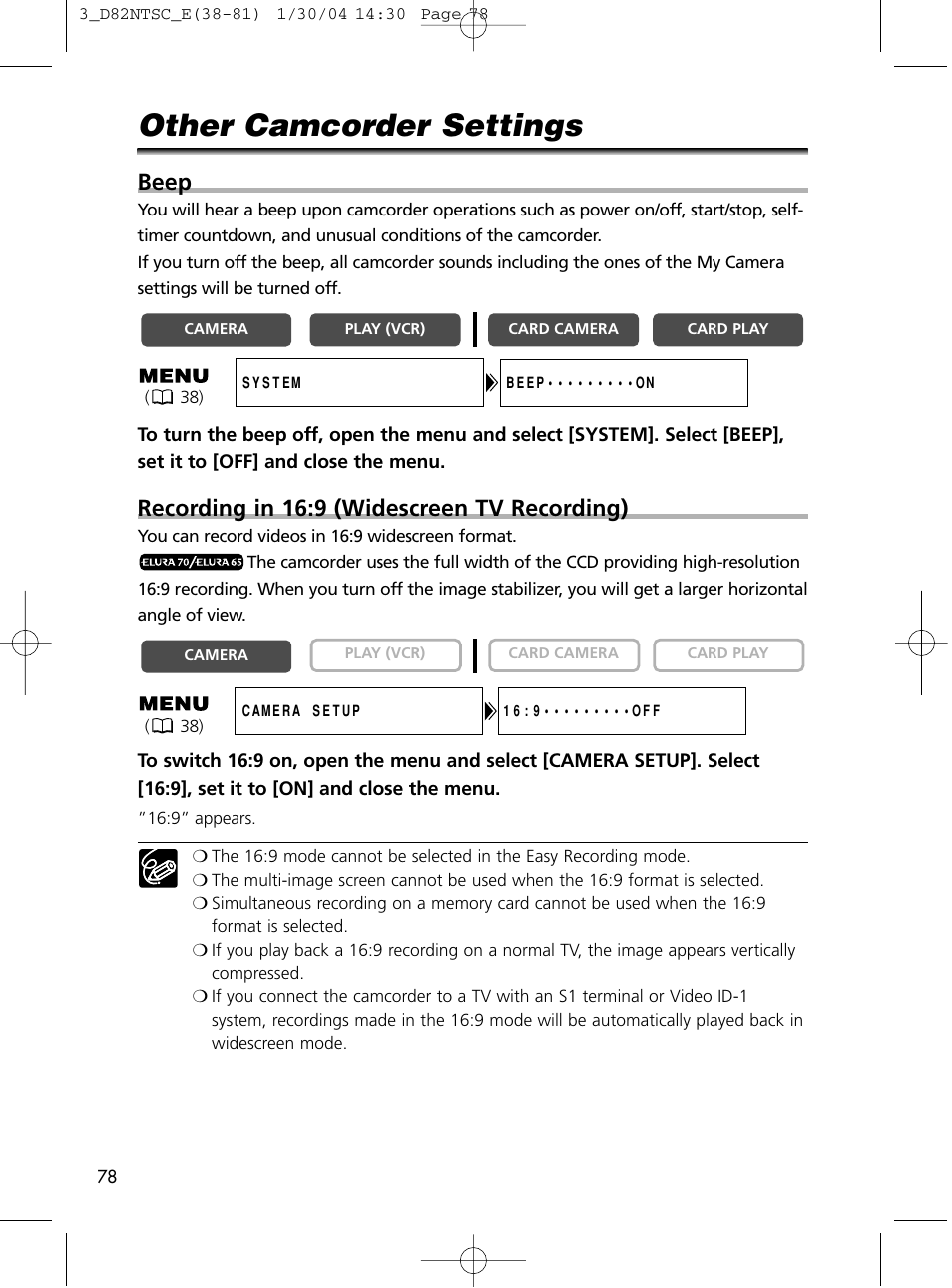 Other camcorder settings, Beep, Recording in 16:9 (widescreen tv recording) | Canon Elura 65 User Manual | Page 78 / 162
