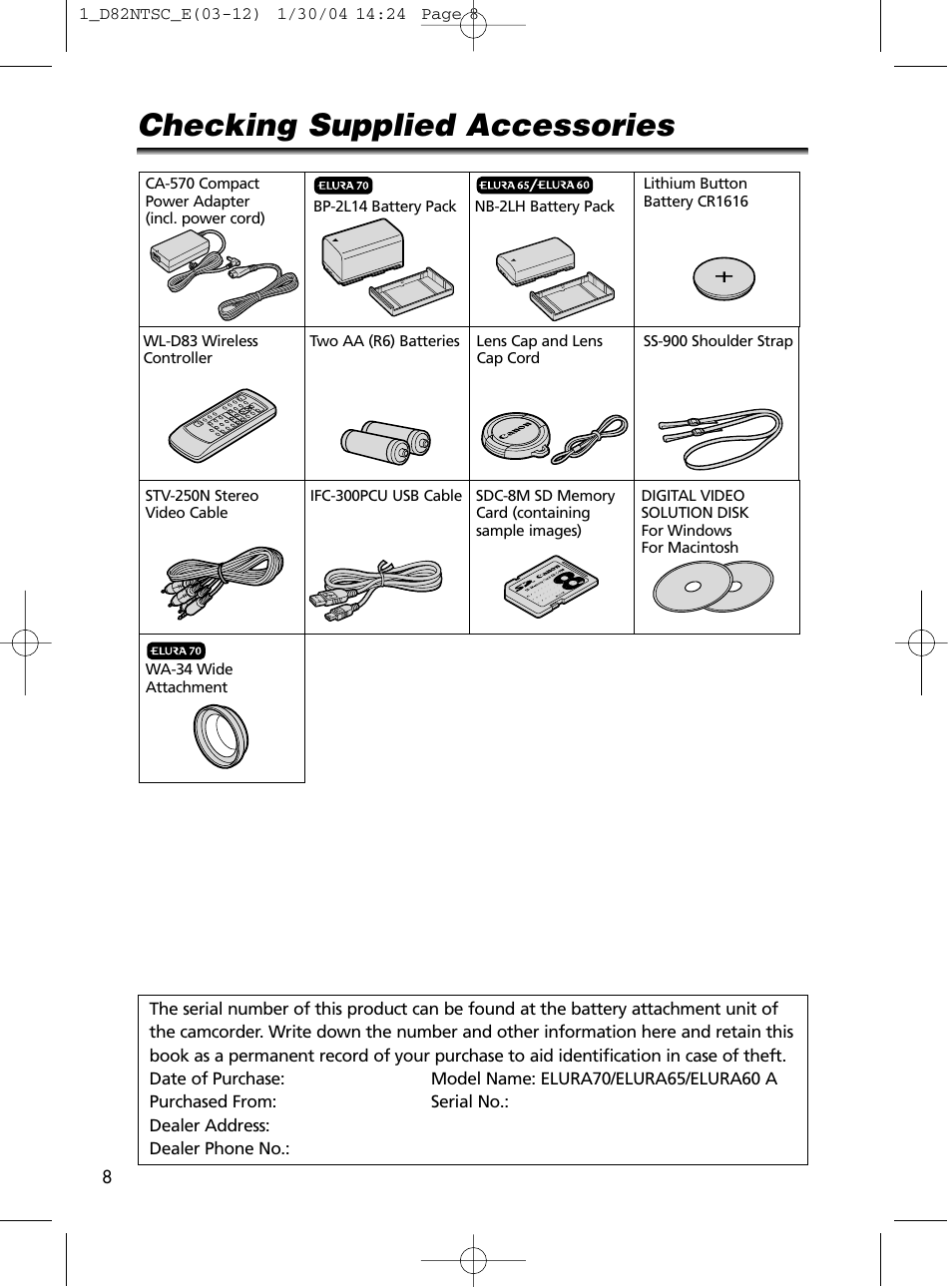 Checking supplied accessories | Canon Elura 65 User Manual | Page 8 / 162
