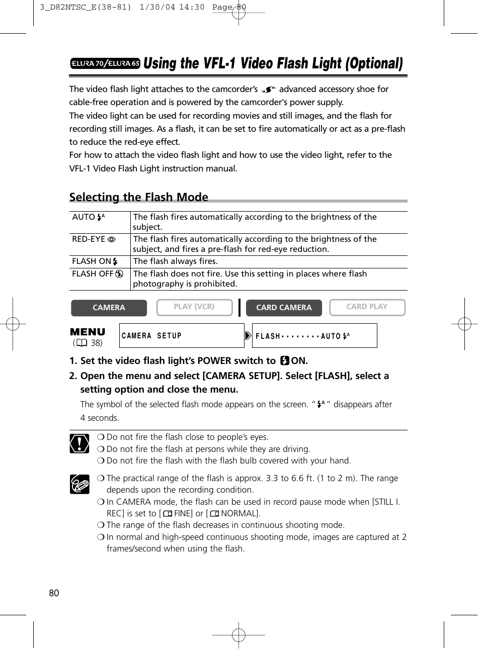 Using the vfl-1 video flash light (optional), Selecting the flash mode | Canon Elura 65 User Manual | Page 80 / 162