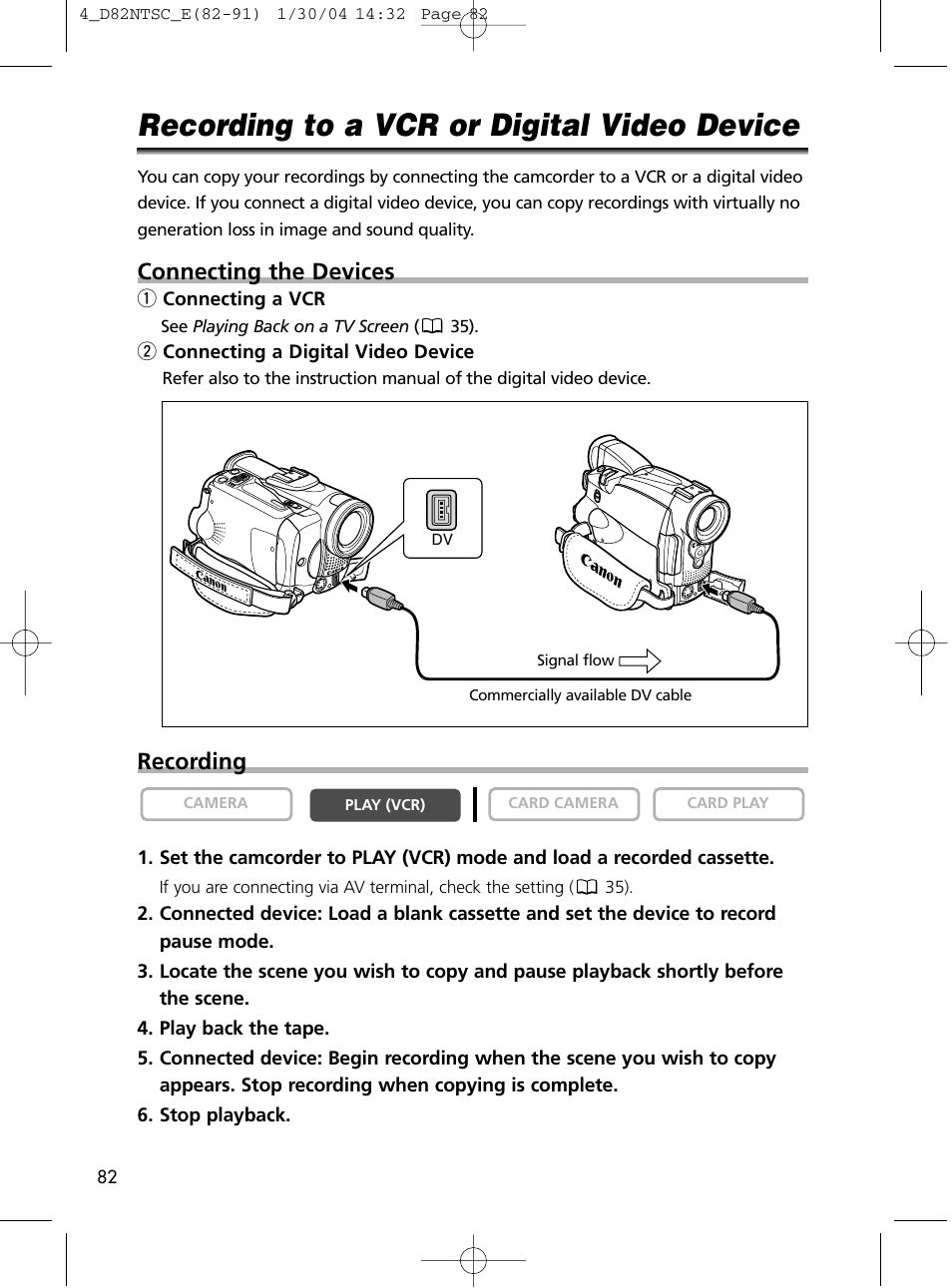 Recording to a vcr or digital video device, Connecting the devices, Recording | Canon Elura 65 User Manual | Page 82 / 162
