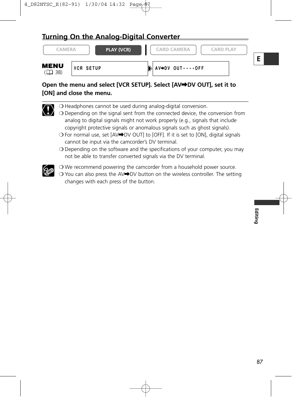 Turning on the analog-digital converter | Canon Elura 65 User Manual | Page 87 / 162
