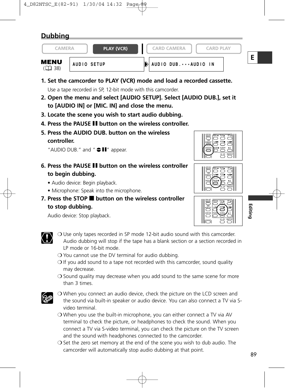 Edubbing, Audio dub.” and “ a” appear | Canon Elura 65 User Manual | Page 89 / 162