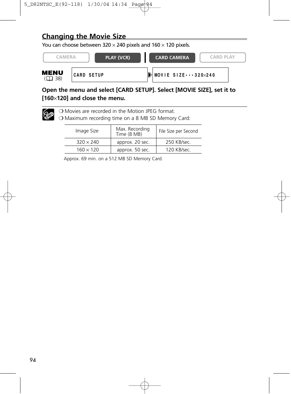 Changing the movie size | Canon Elura 65 User Manual | Page 94 / 162