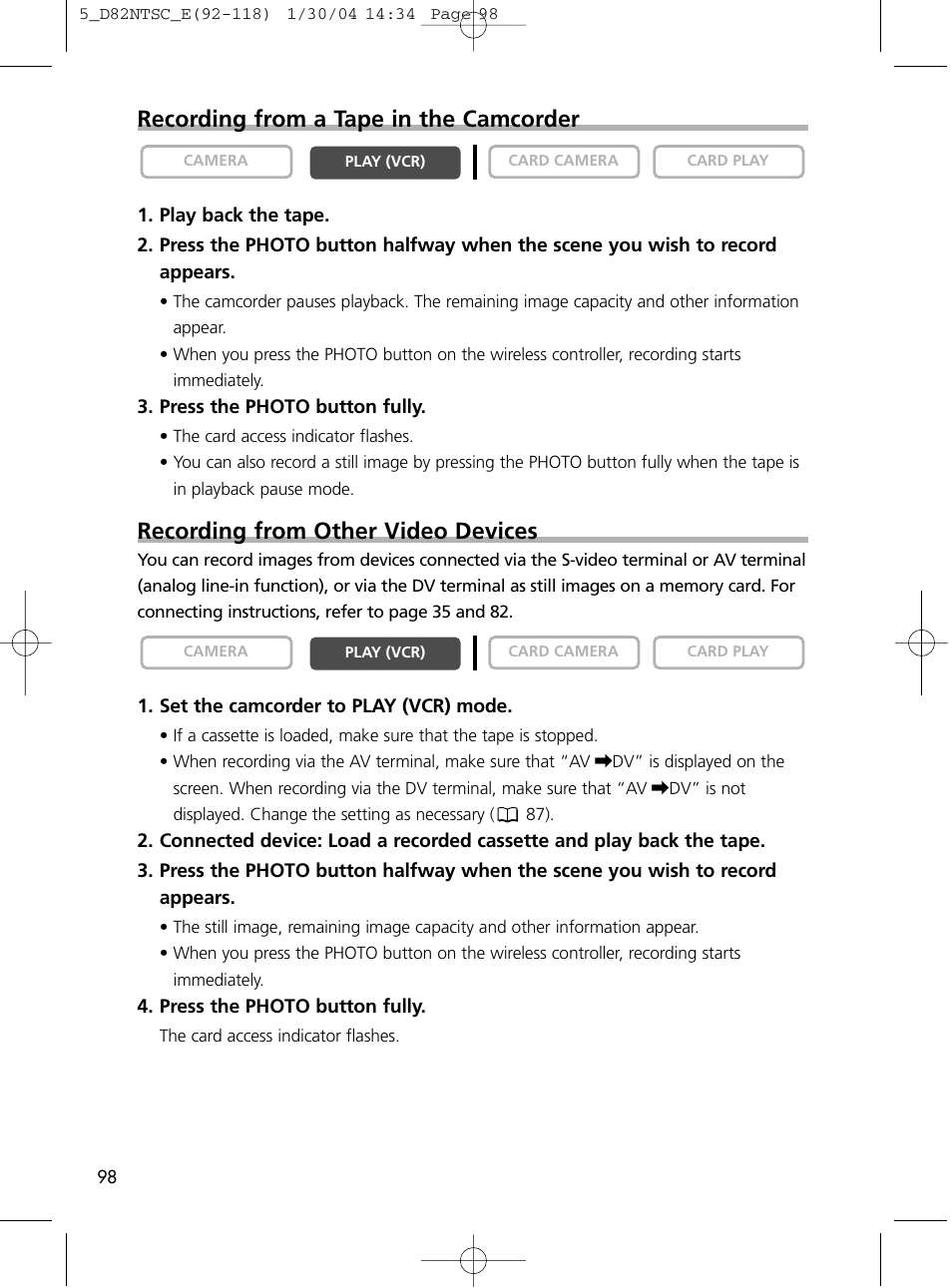 Recording from a tape in the camcorder, Recording from other video devices | Canon Elura 65 User Manual | Page 98 / 162