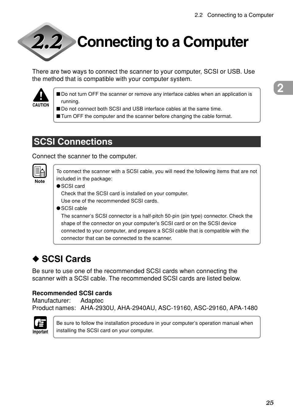Connecting to a computer, Scsi connections, Scsi cards | Canon DR-7080C User Manual | Page 29 / 112