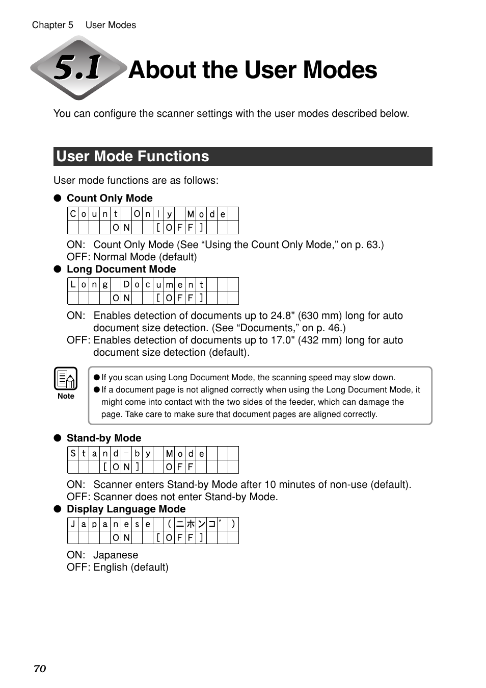 About the user modes, User mode functions | Canon DR-7080C User Manual | Page 74 / 112