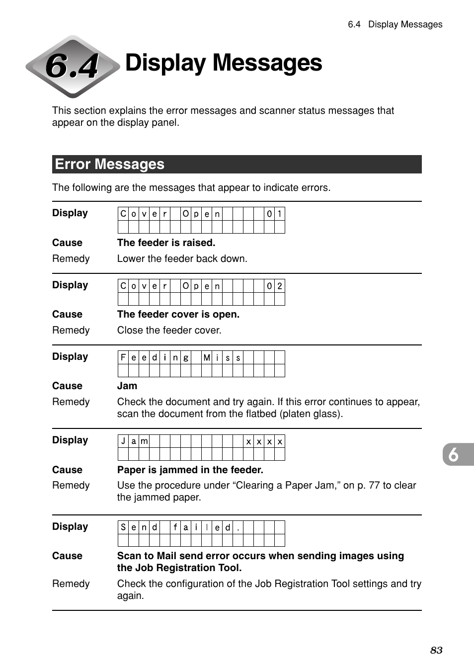 Display messages, Error messages | Canon DR-7080C User Manual | Page 87 / 112