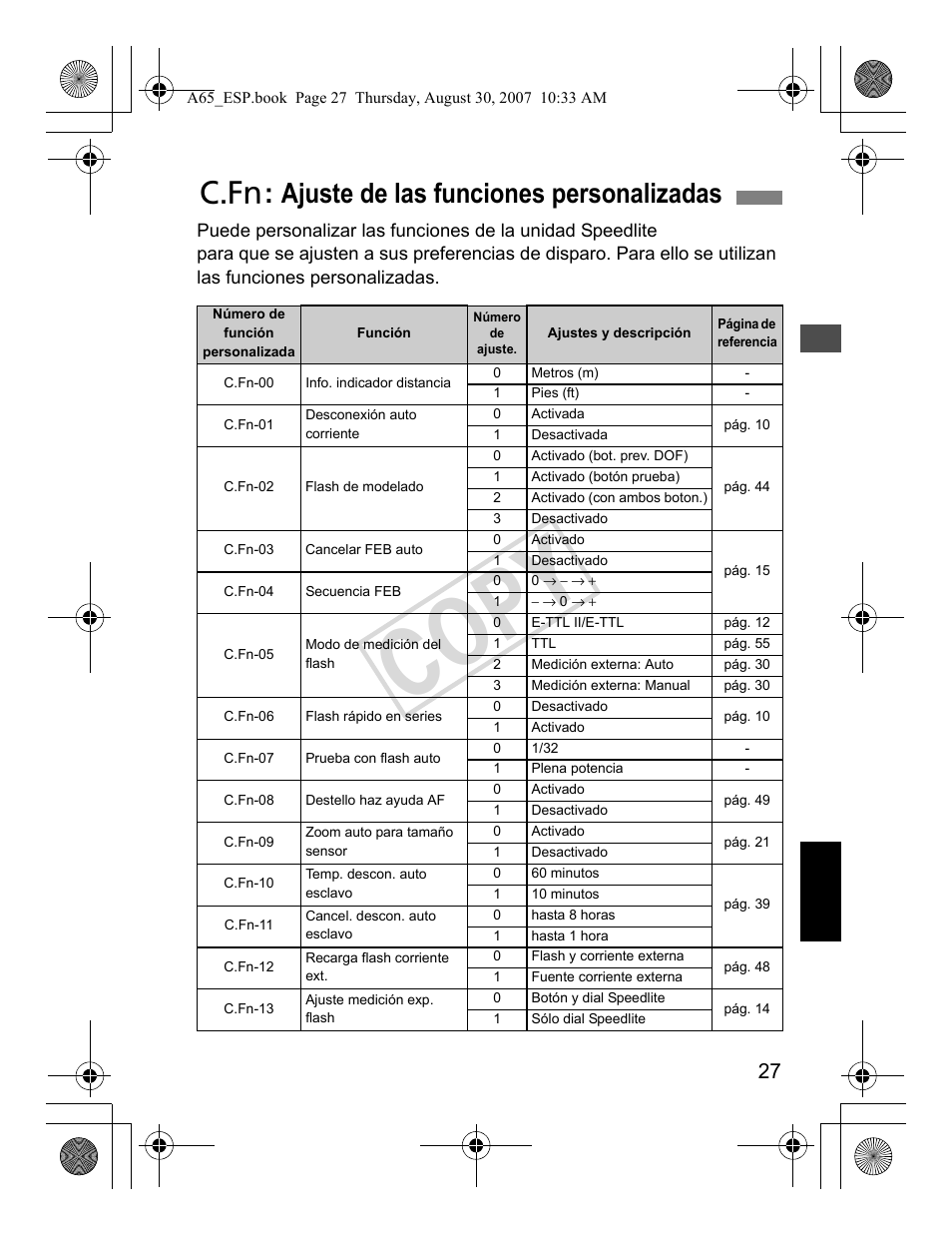 Cop y, C: ajuste de las funciones personalizadas | Canon Speedlite 580EX II User Manual | Page 144 / 176