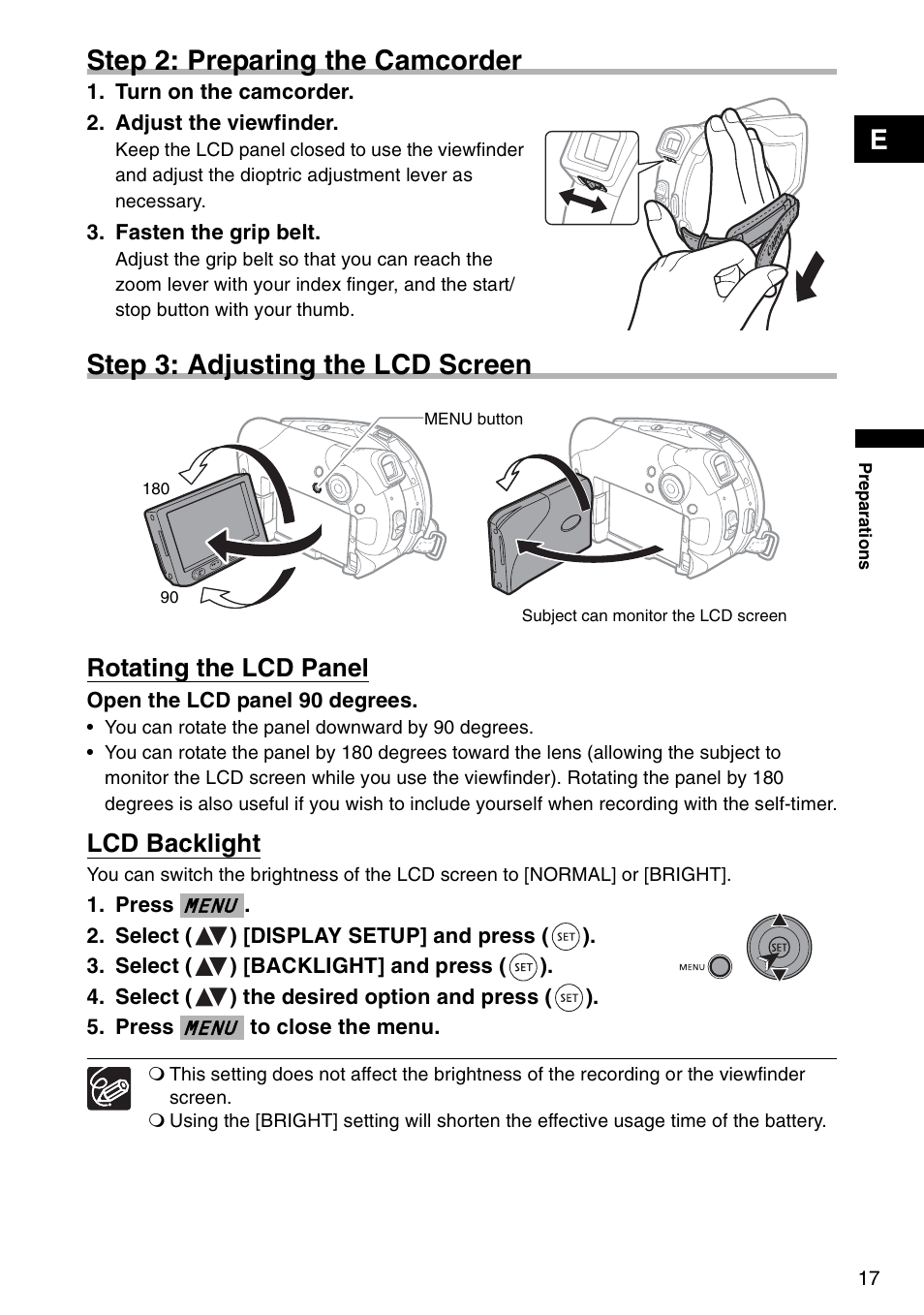 Step 2: preparing the camcorder, Step 3: adjusting the lcd screen, Estep 2: preparing the camcorder | Rotating the lcd panel, Lcd backlight | Canon DC 100 User Manual | Page 17 / 80