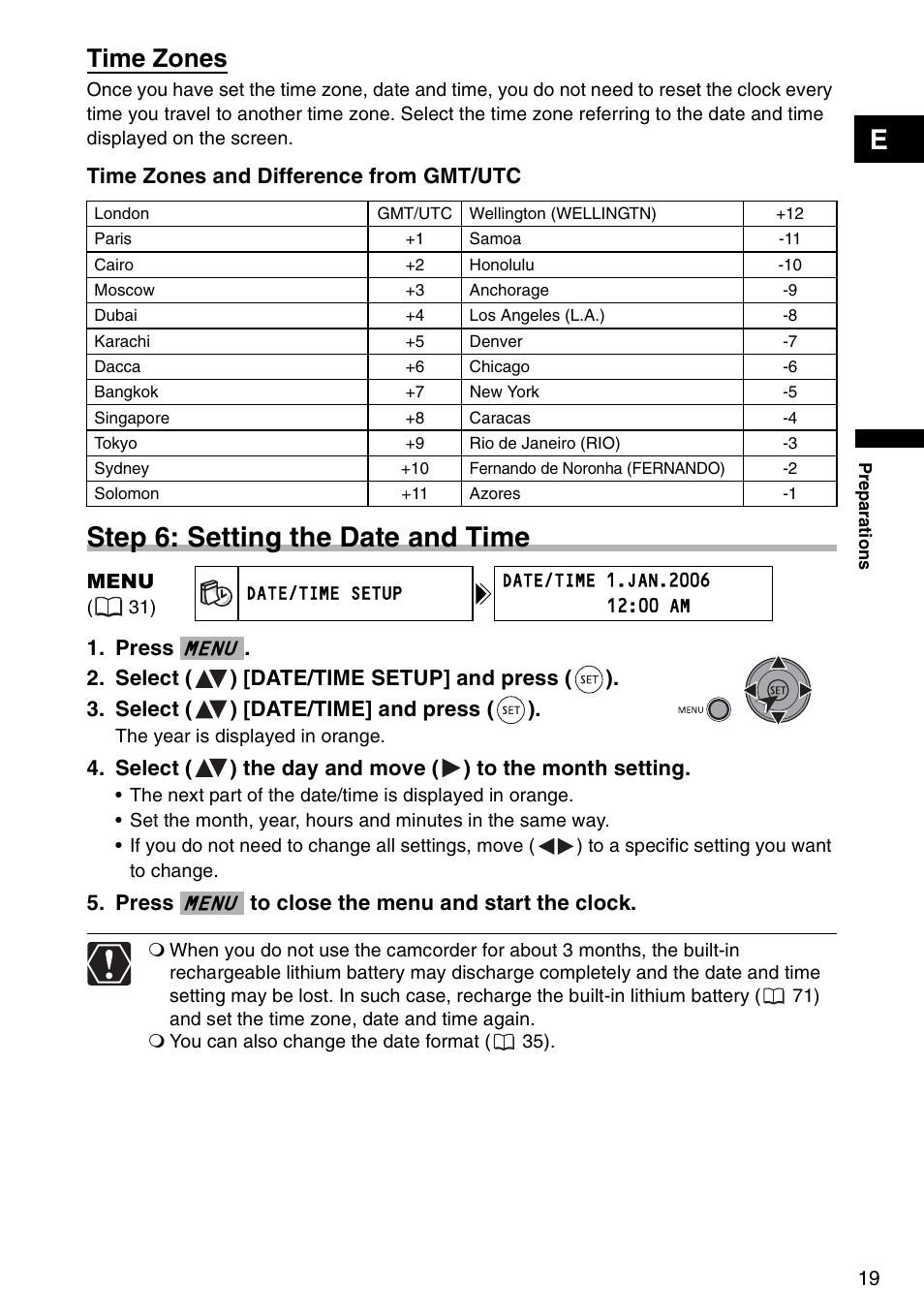 Step 6: setting the date and time, Time zones, Menu | Canon DC 100 User Manual | Page 19 / 80