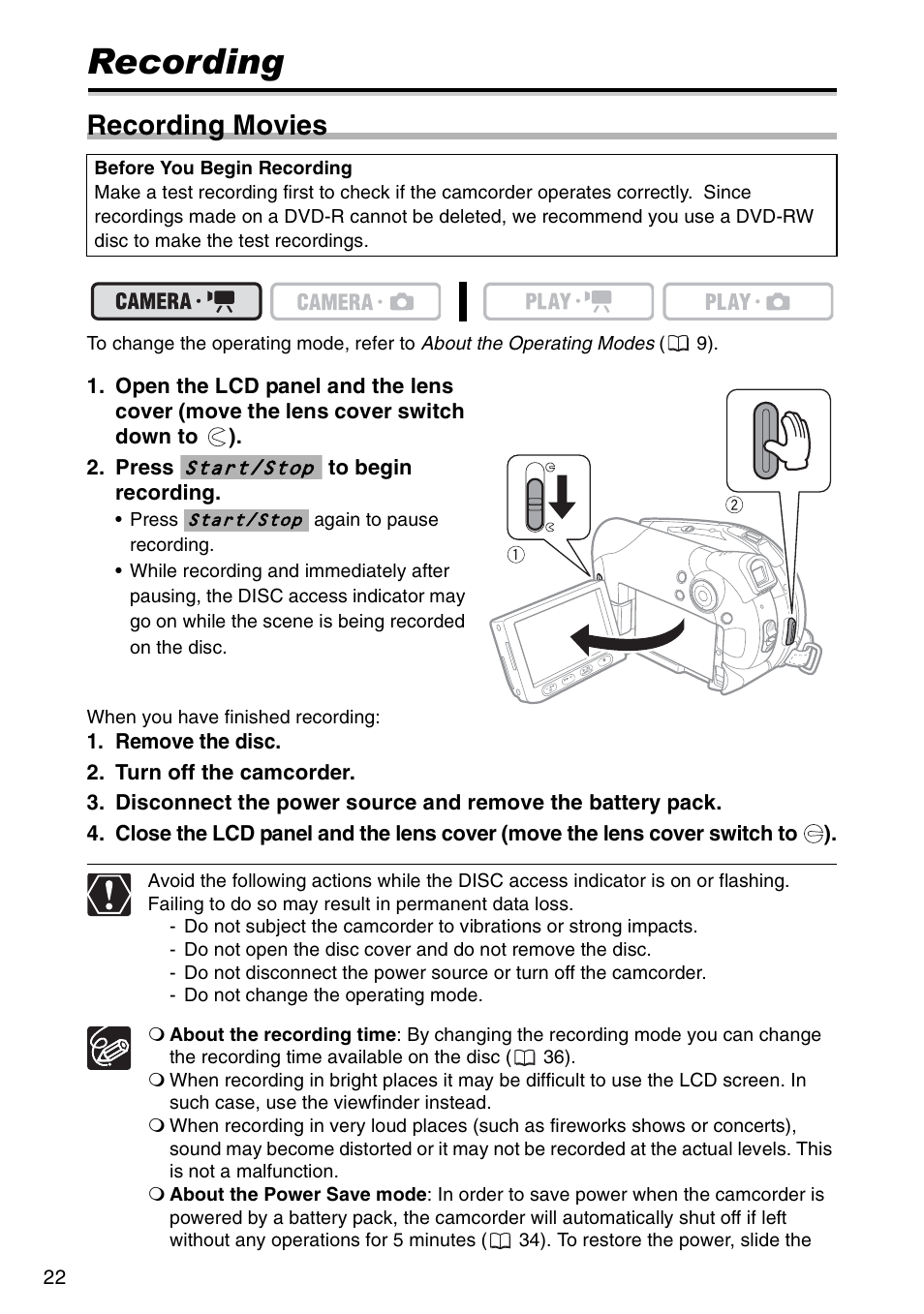 Basic functions, Recording, Recording movies | Canon DC 100 User Manual | Page 22 / 80