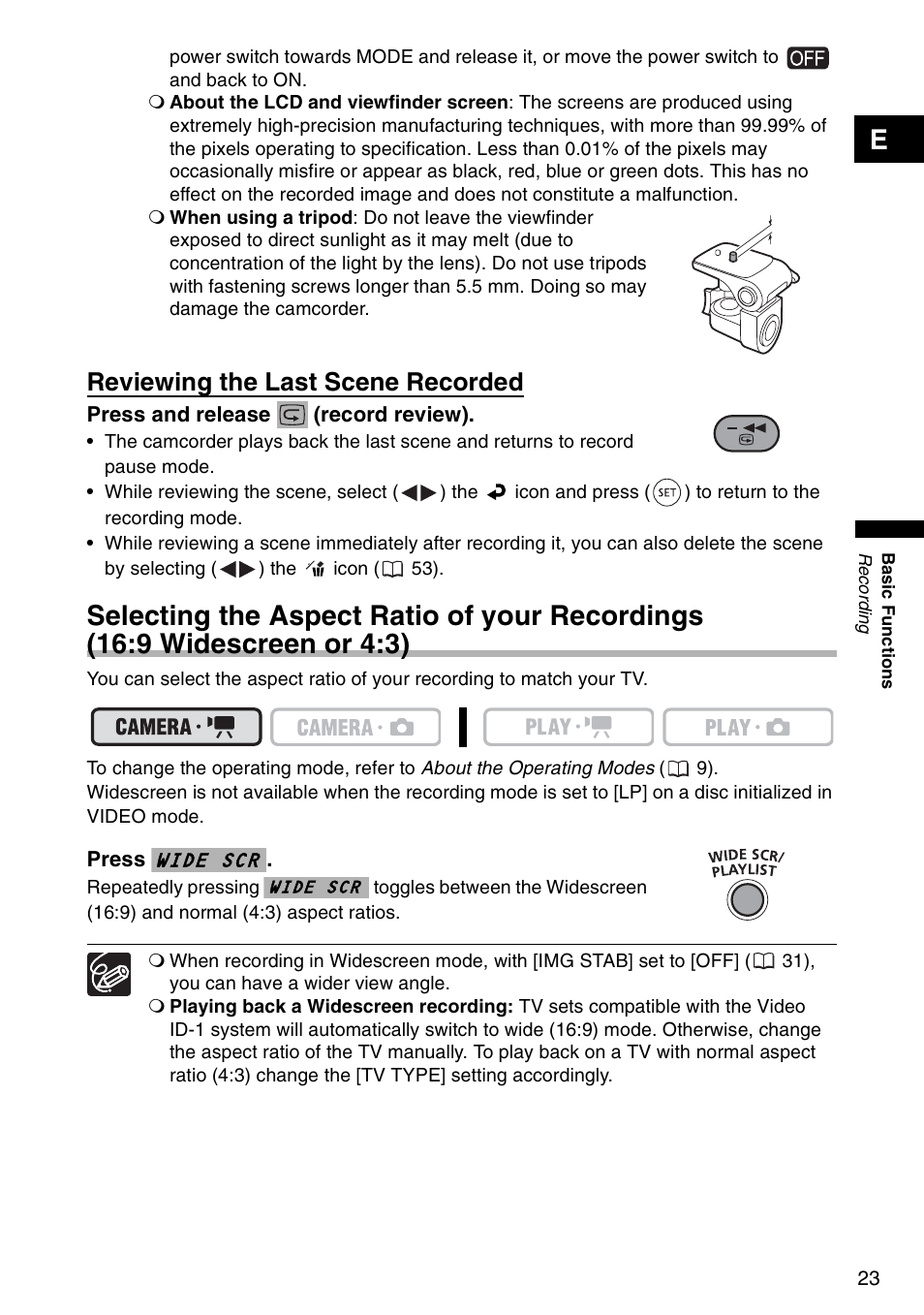 Reviewing the last scene recorded, Wide scr | Canon DC 100 User Manual | Page 23 / 80