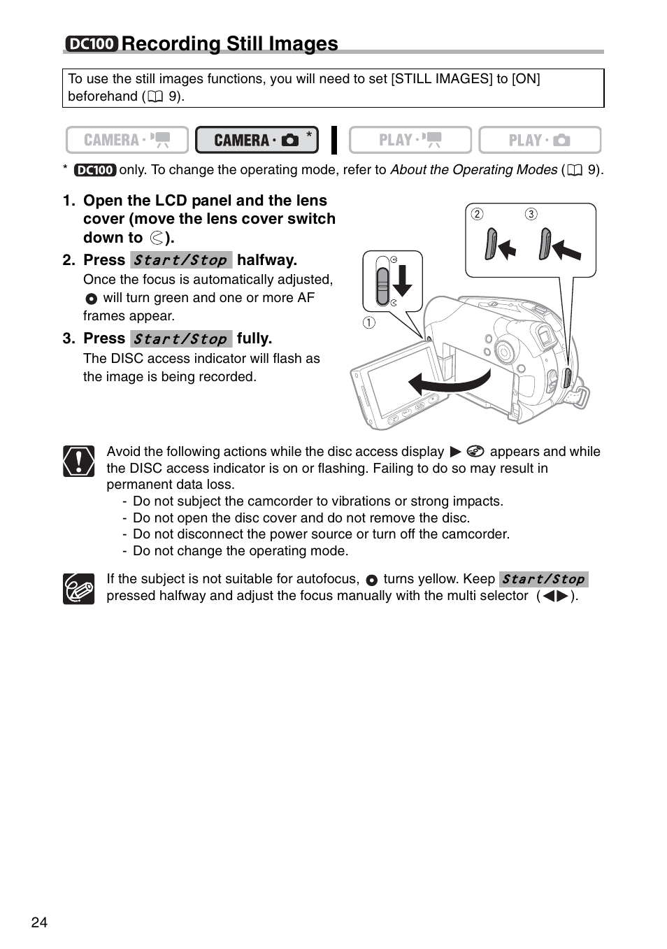 Dc100 recording still images, Recording still images | Canon DC 100 User Manual | Page 24 / 80