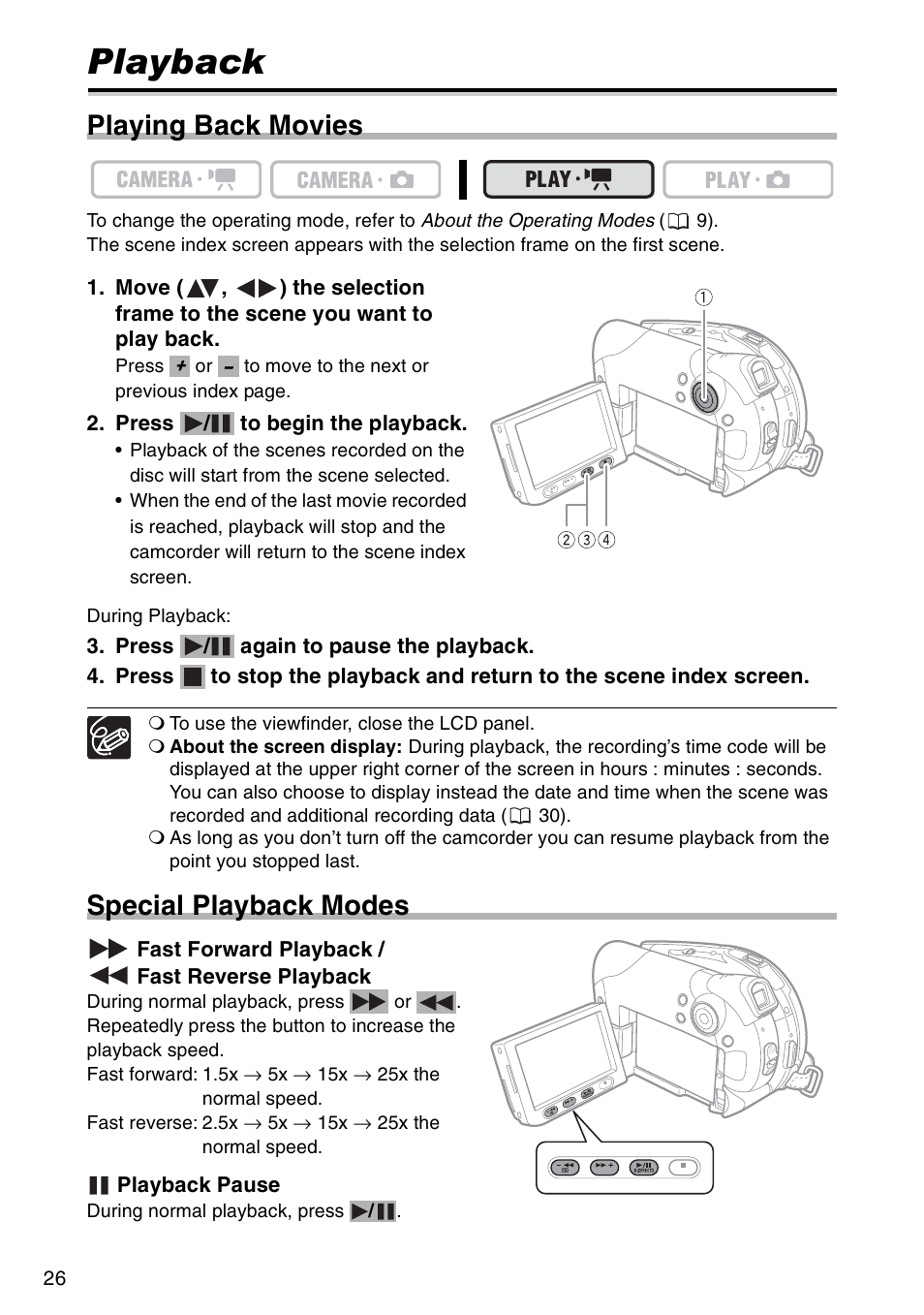 Playback, Playing back movies, Special playback modes | Canon DC 100 User Manual | Page 26 / 80