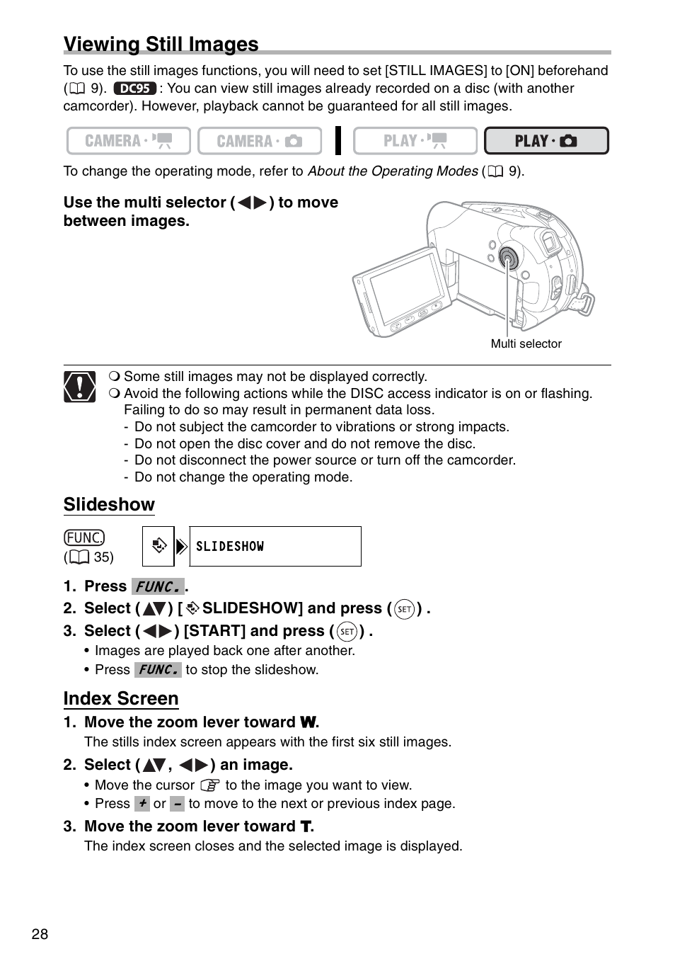 Viewing still images, Slideshow, Index screen | Canon DC 100 User Manual | Page 28 / 80