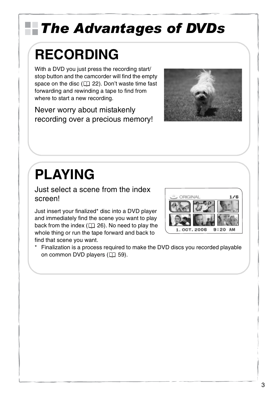 The advantages of dvds, The advantages of dvds recording, Playing | Canon DC 100 User Manual | Page 3 / 80