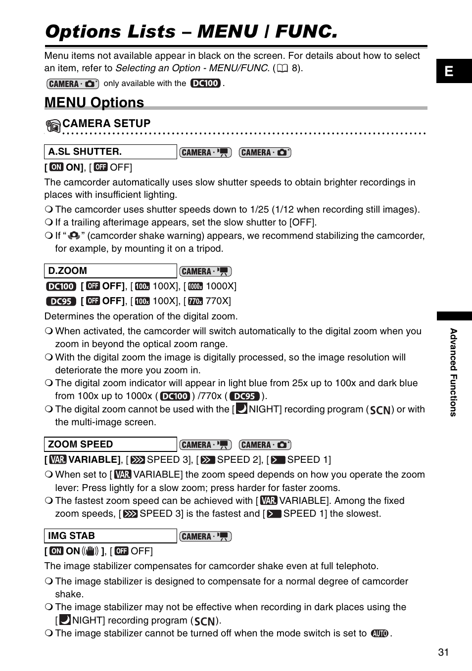 Advanced functions, Options lists - menu / func, Menu options | Options lists – menu / func | Canon DC 100 User Manual | Page 31 / 80