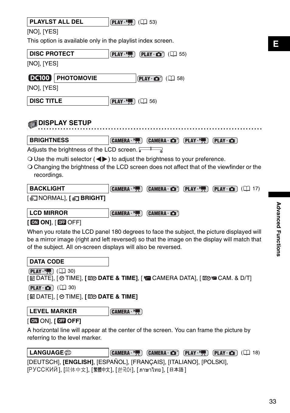 Display setup | Canon DC 100 User Manual | Page 33 / 80
