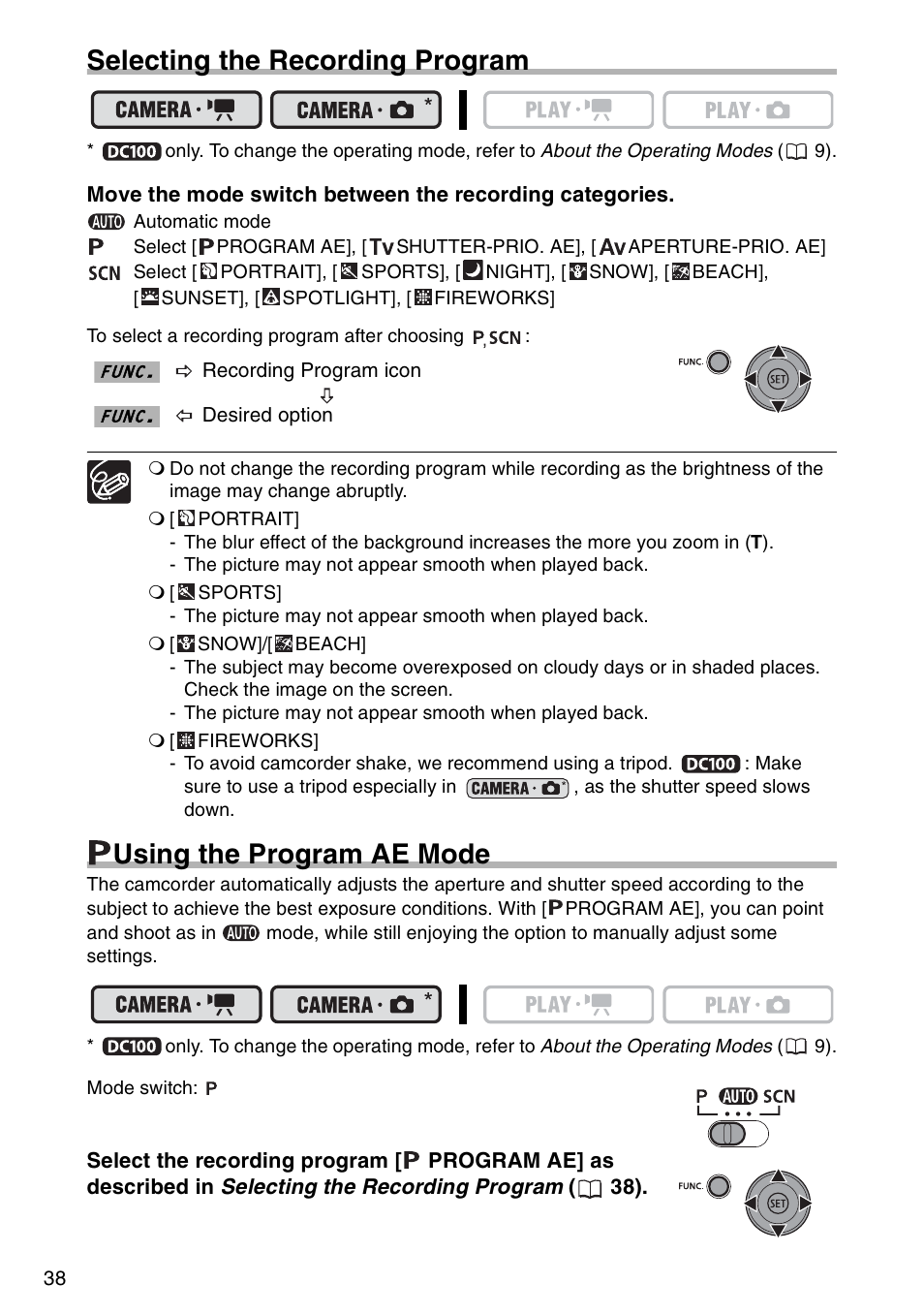 Selecting the recording program, P using the program ae mode, Using the program ae mode | Canon DC 100 User Manual | Page 38 / 80