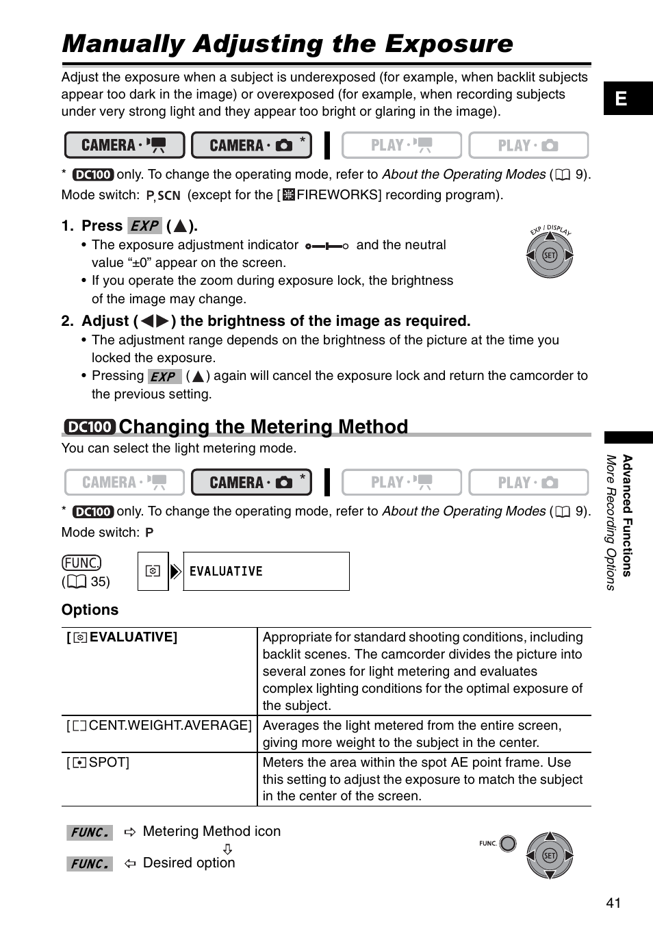 More recording options, Manually adjusting the exposure, Dc100 changing the metering method | Changing the metering method | Canon DC 100 User Manual | Page 41 / 80