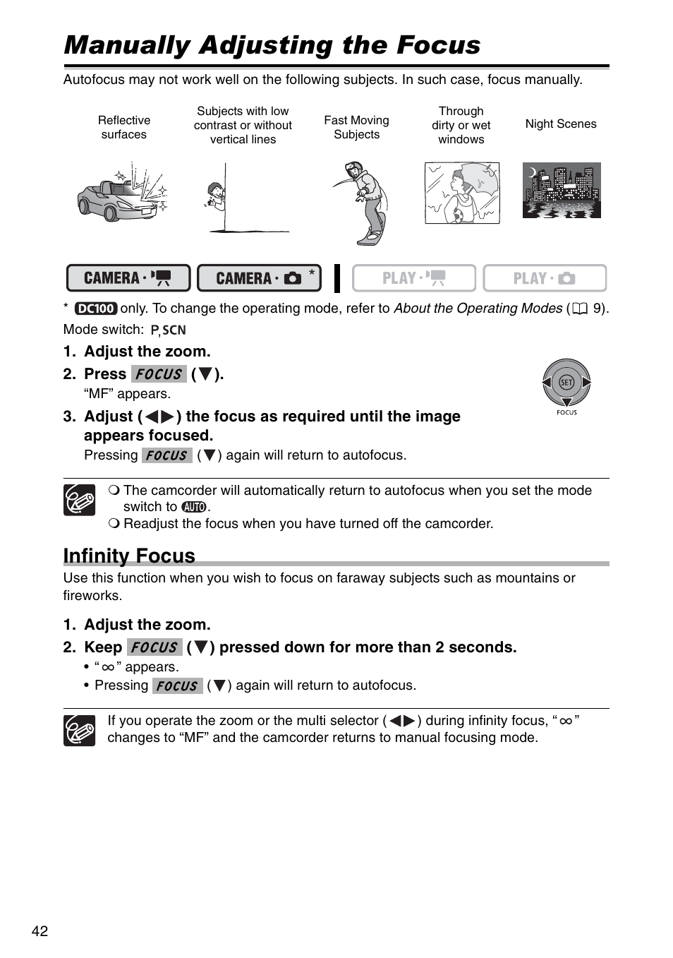Manually adjusting the focus, Infinity focus | Canon DC 100 User Manual | Page 42 / 80