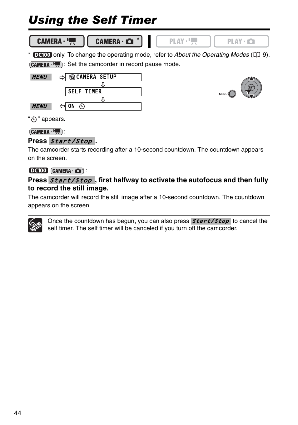 Using the self timer | Canon DC 100 User Manual | Page 44 / 80