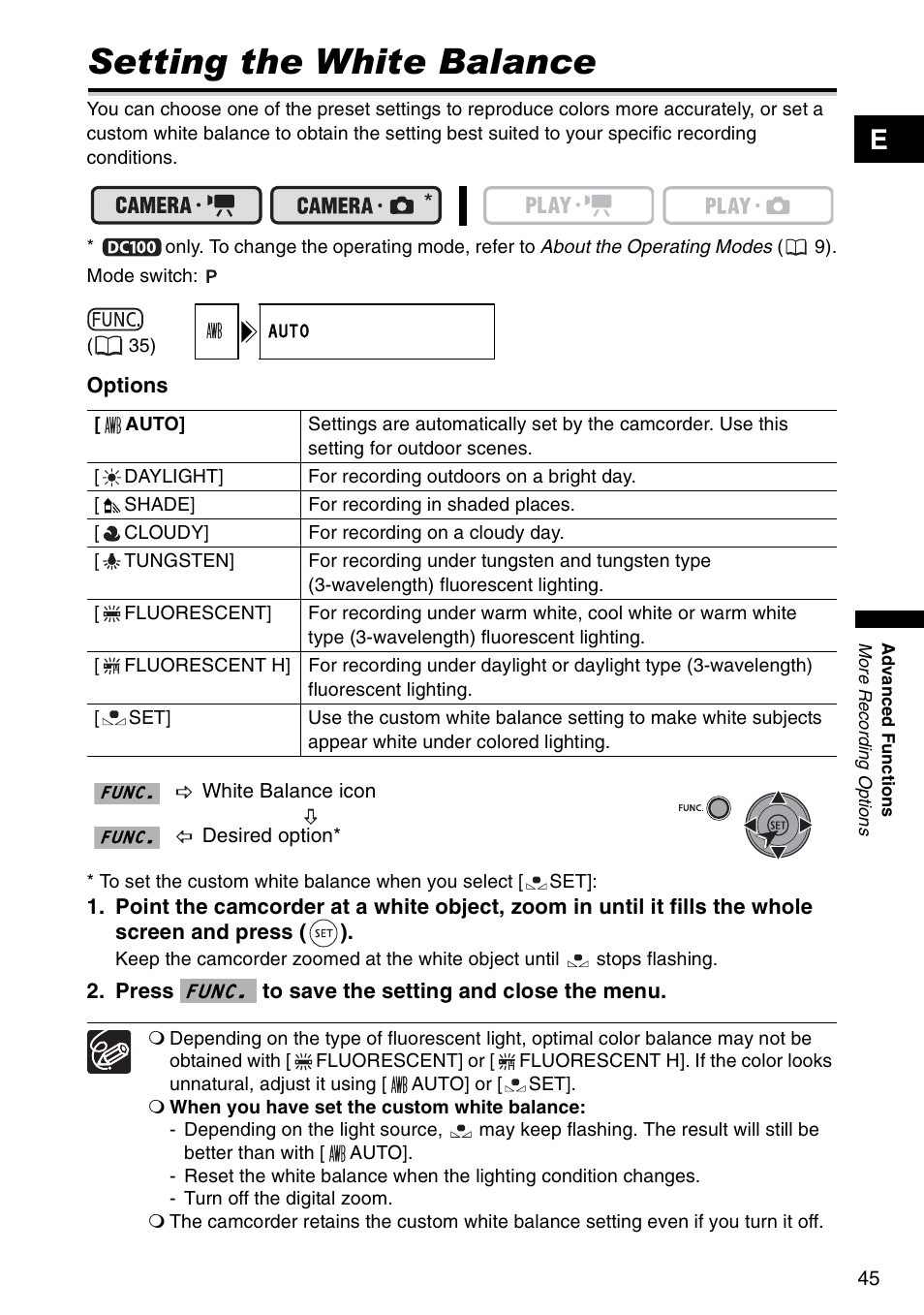 Setting the white balance, Func | Canon DC 100 User Manual | Page 45 / 80