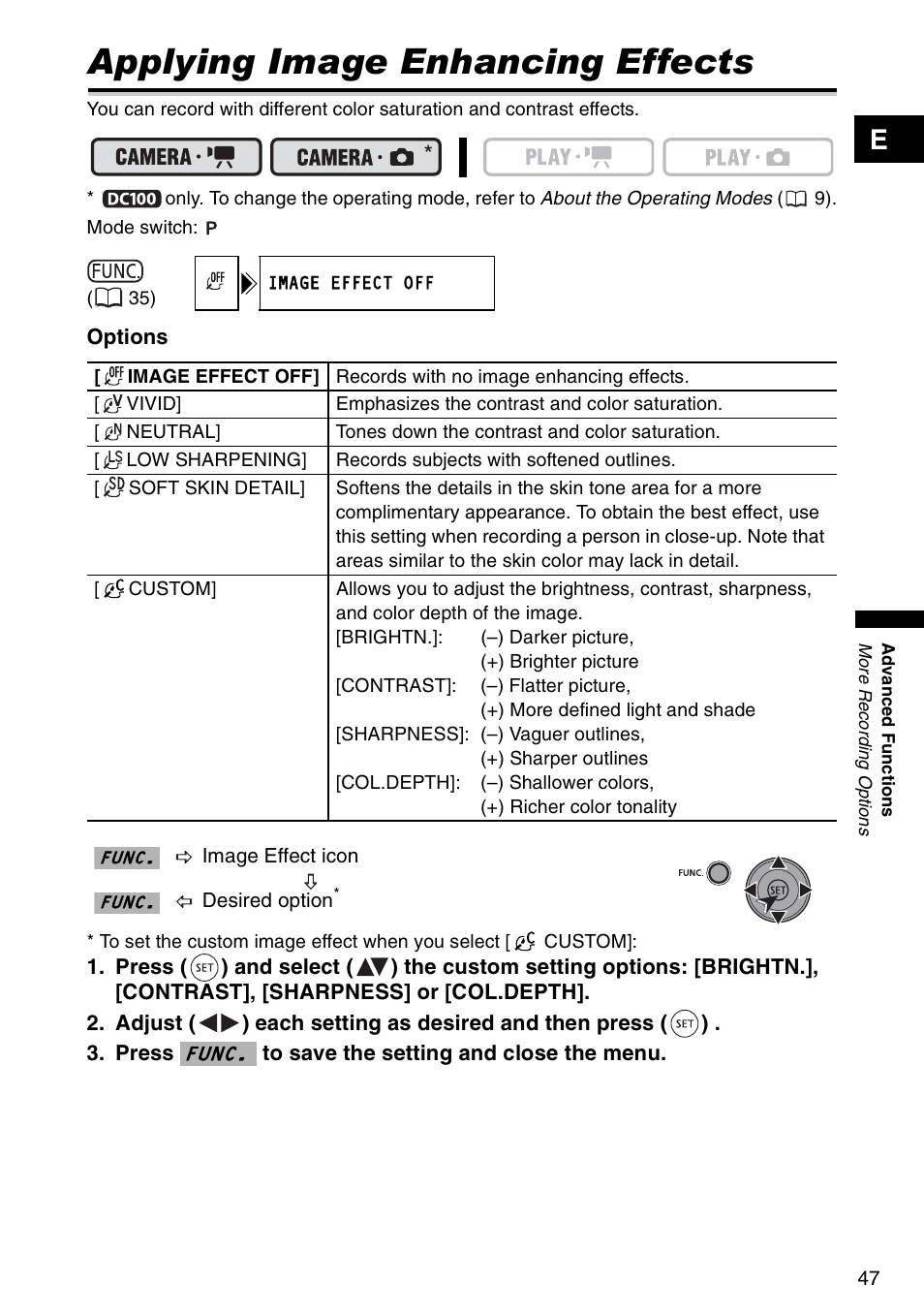 Applying image enhancing effects, Func | Canon DC 100 User Manual | Page 47 / 80