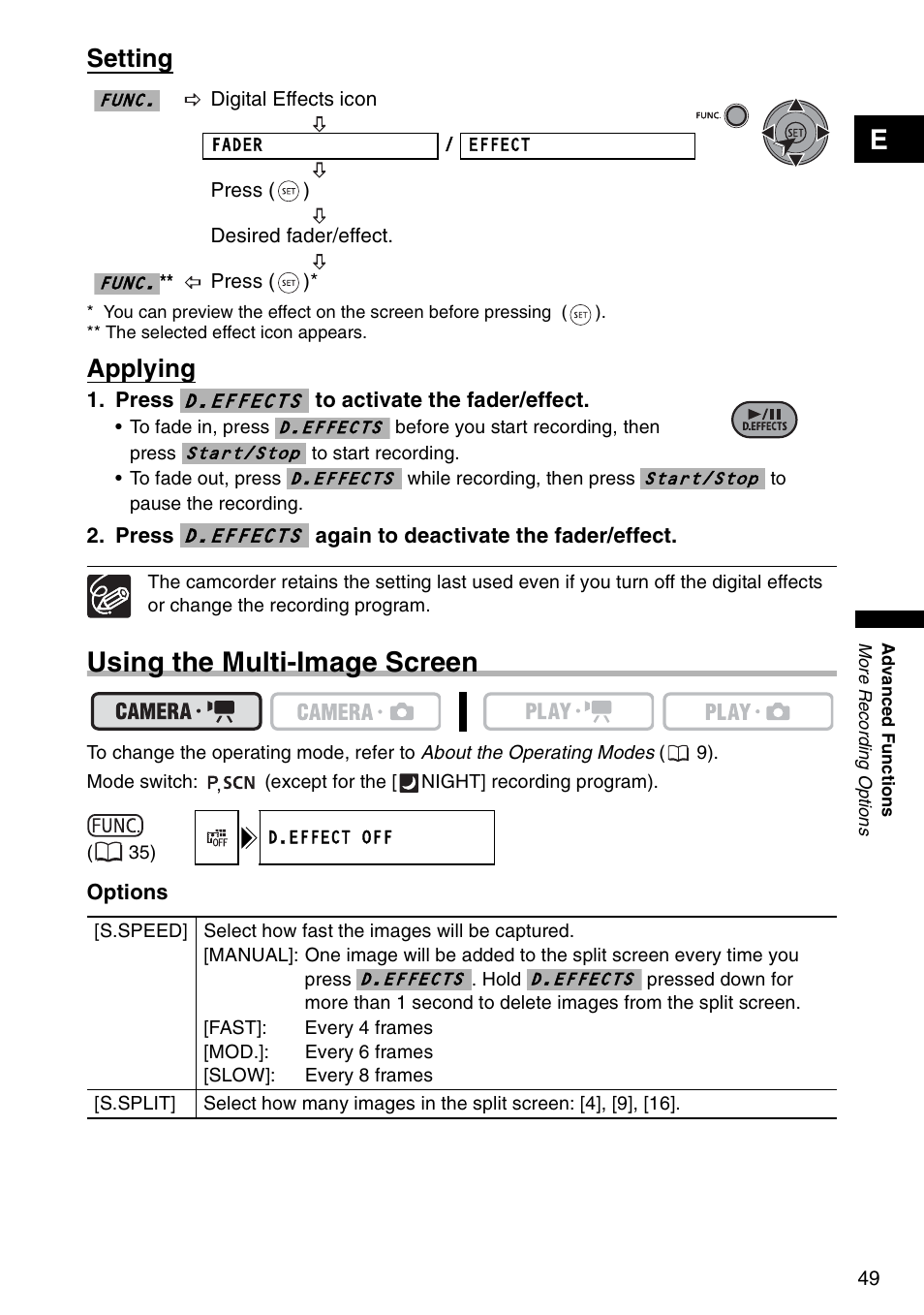 Using the multi-image screen, Setting, Applying | Canon DC 100 User Manual | Page 49 / 80
