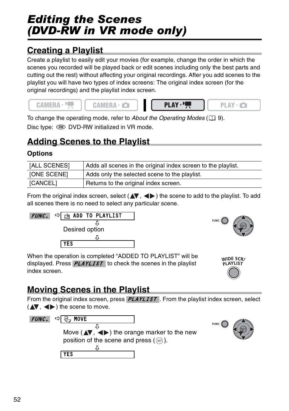 Editing functions, Editing the scenes (dvd-rw in vr mode only), Adding scenes to the playlist | Moving scenes in the playlist, Creating a playlist | Canon DC 100 User Manual | Page 52 / 80