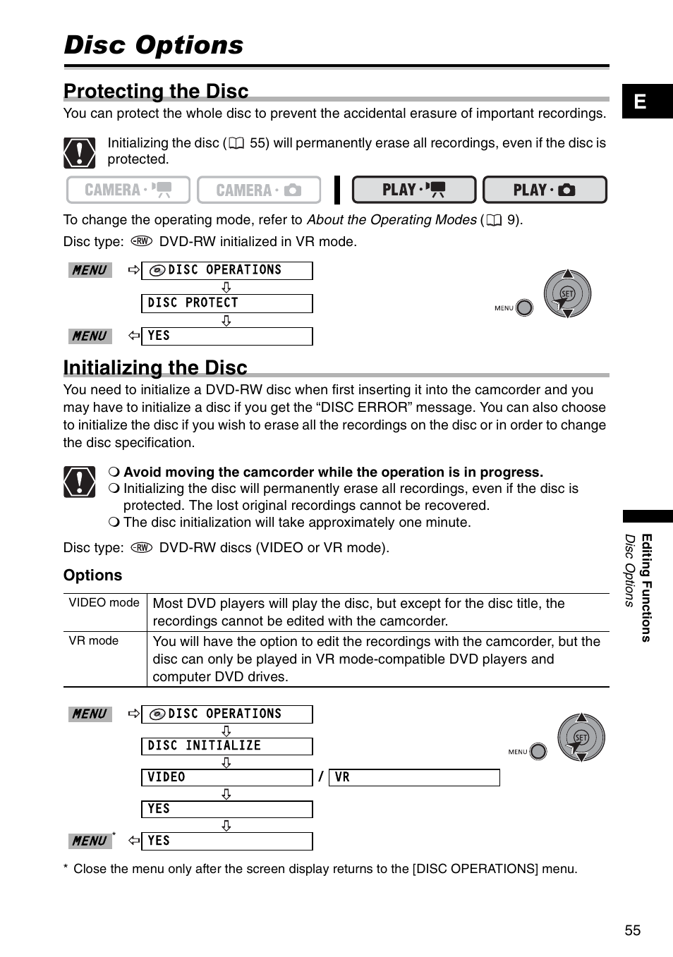 Disc options, Protecting the disc, Initializing the disc | Canon DC 100 User Manual | Page 55 / 80