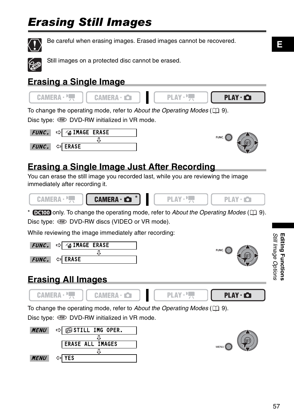Still image options, Erasing still images, Erasing a single image | Erasing a single image just after recording, Erasing all images | Canon DC 100 User Manual | Page 57 / 80
