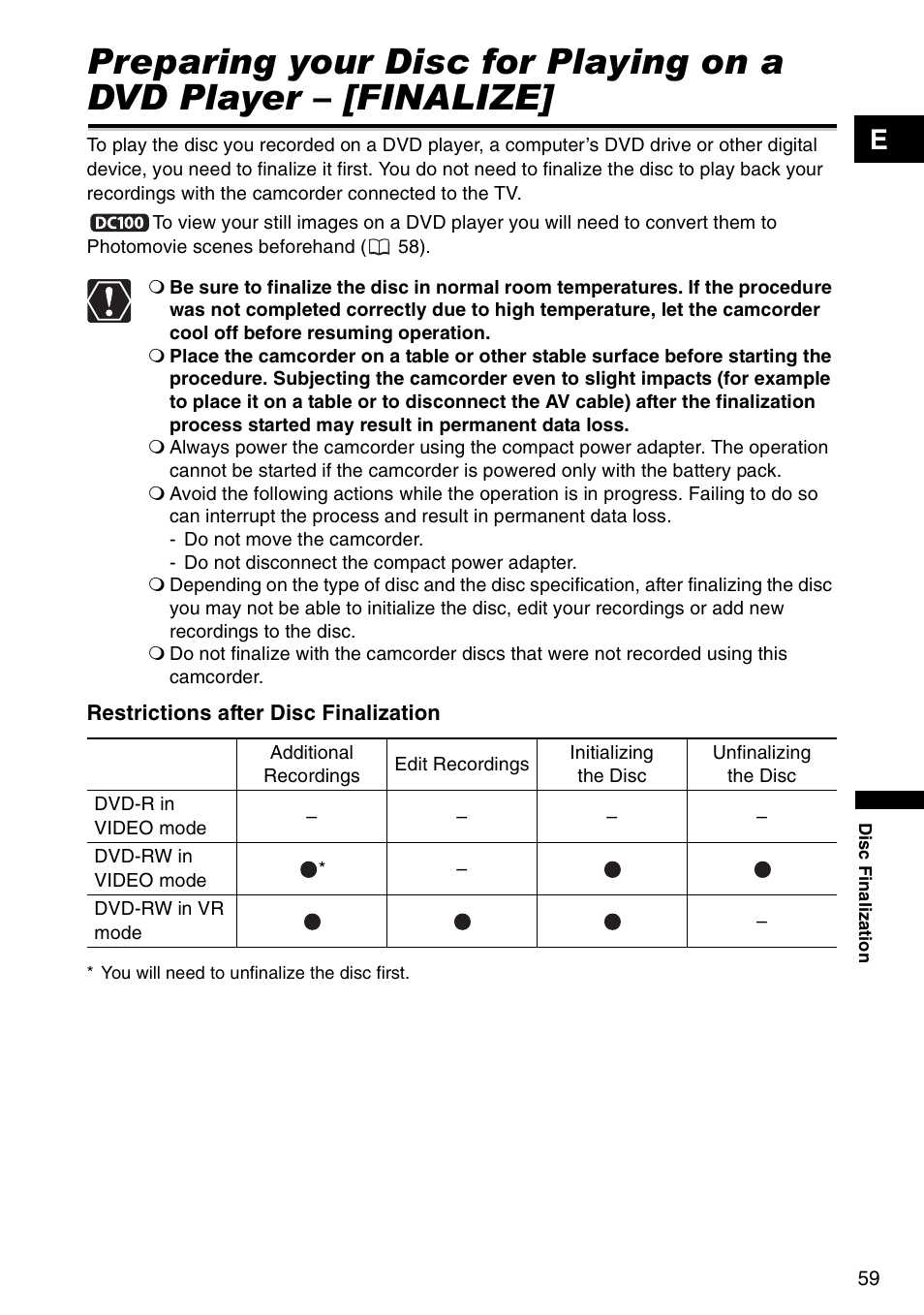 Disc finalization | Canon DC 100 User Manual | Page 59 / 80