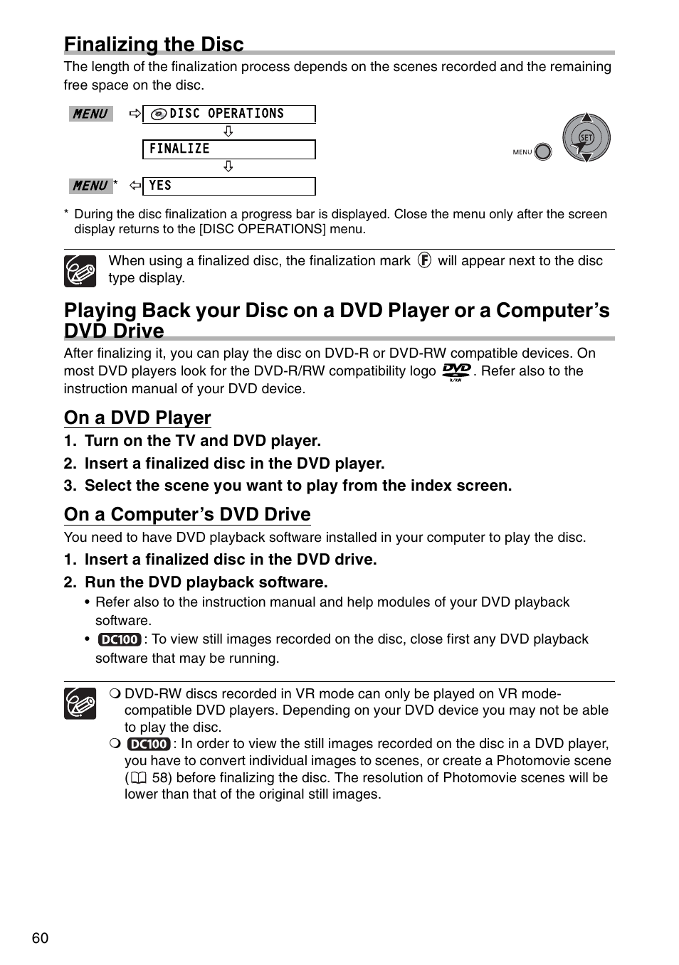 Finalizing the disc, On a dvd player, On a computer’s dvd drive | Canon DC 100 User Manual | Page 60 / 80