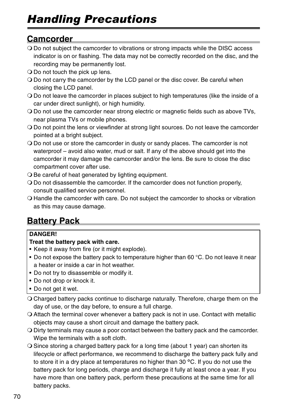 Do’s & don’ts, Handling precautions, Camcorder | Battery pack | Canon DC 100 User Manual | Page 70 / 80
