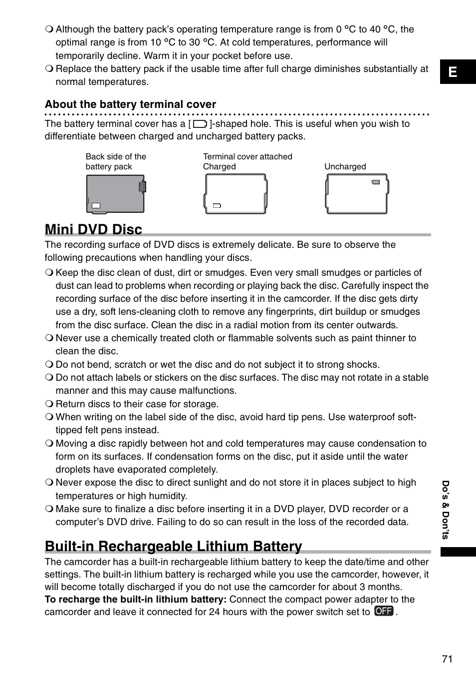 Mini dvd disc, Built-in rechargeable lithium battery | Canon DC 100 User Manual | Page 71 / 80