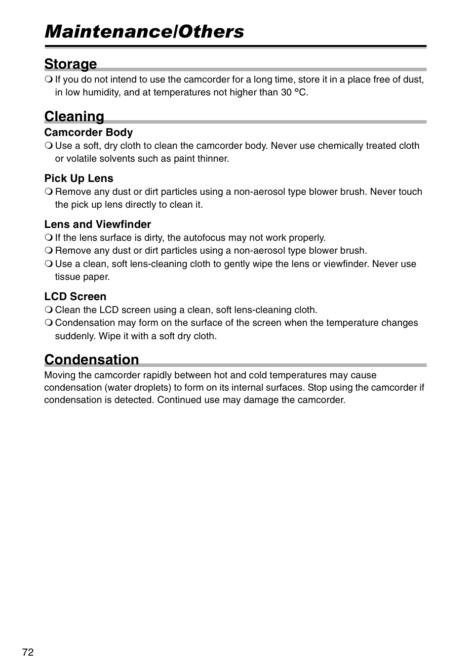 Maintenance/others, Storage, Cleaning | Condensation | Canon DC 100 User Manual | Page 72 / 80