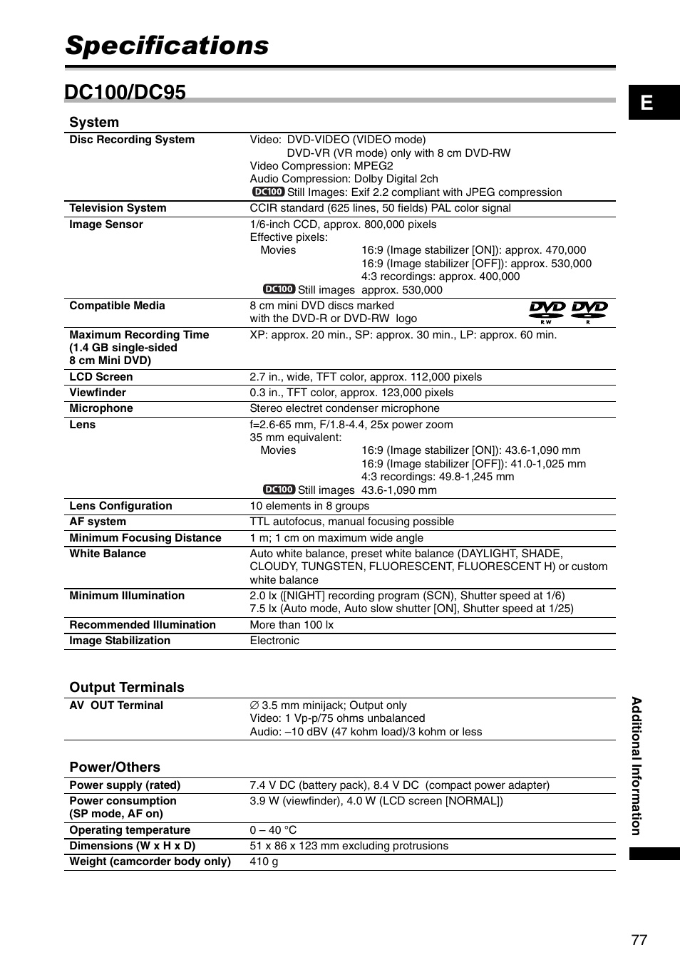 Specifications | Canon DC 100 User Manual | Page 77 / 80